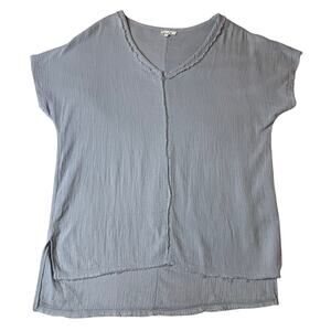 La Miel Gauzy Cotton Baby Blue Minimalist V Neck Short Sleeve Tee Shirt Small